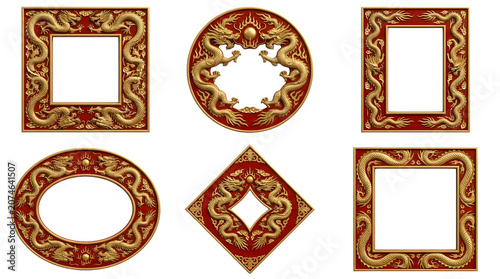 Set of 6 golden dragon frames isolated on transparent background