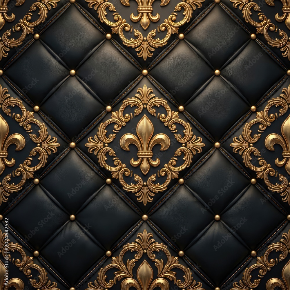 Fototapeta premium Diamond tufted black leather with gold baroque ornament.