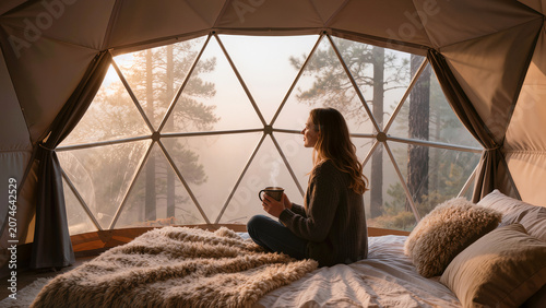 Young Woman Enjoying Morning Coffee Luxury Glamping Dome