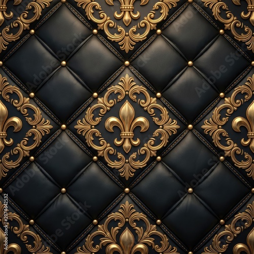 Diamond tufted black leather with gold baroque ornament.