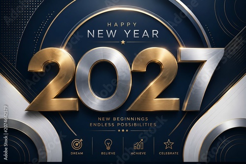 Luxury 3D Happy New Year 2027 Celebration Banner with Gold and Silver Metallic Numbers
