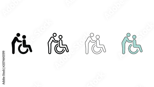 Four different colored icons of people helping disabled person wheelchair accessibility