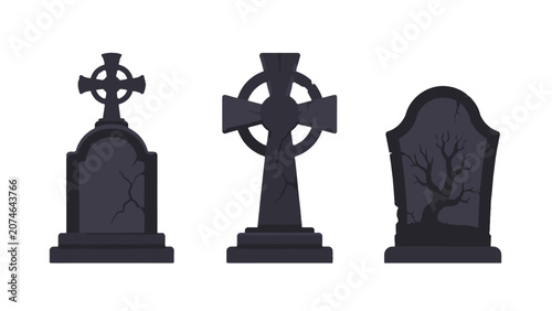 Foto Dark gravestone silhouettes with crosses and cracked tombstones