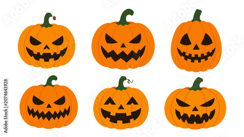 Obraz na płótnie Set of six carved Halloween pumpkin faces in flat vector style