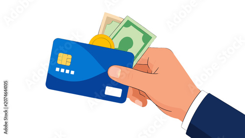 Canvas-taulu Hand holding blue payment card with cash vector illustration
