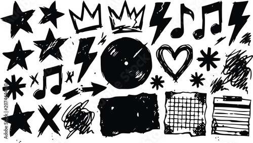 A collection of hand drawn vector graphic elements featuring stars hearts music notes crowns and scribbles in black ink style