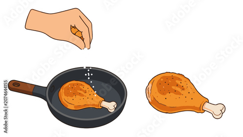 Foto Hand seasoning fried chicken leg in pan flat vector illustration
