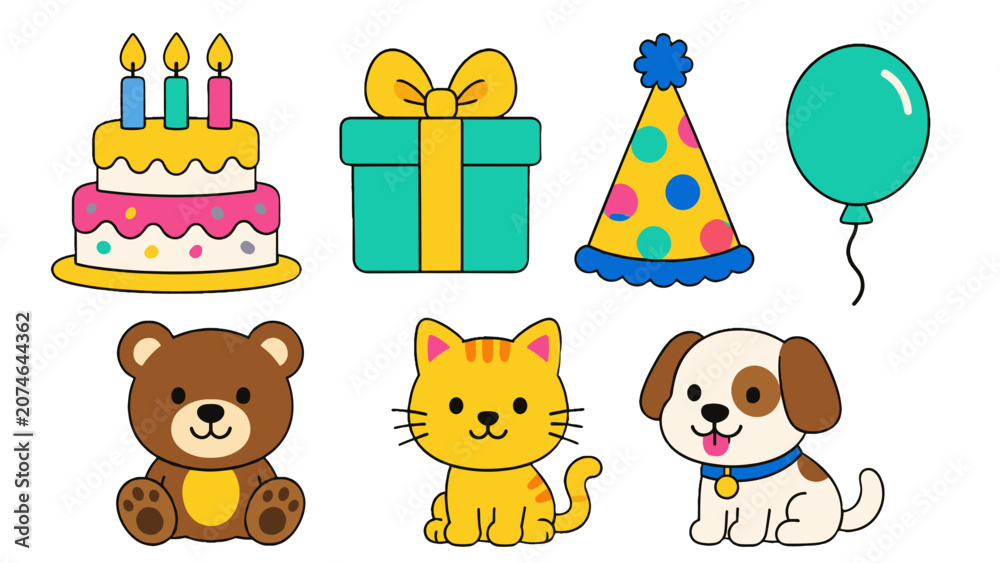 Fototapeta premium Cute birthday party and pet cartoon icon set on white