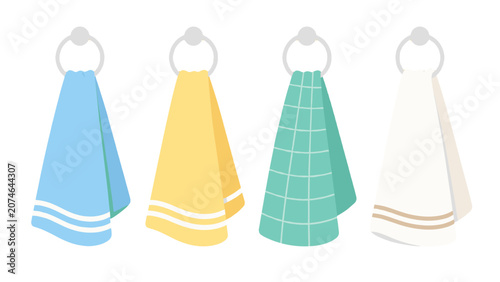 Photos Set of hanging bathroom towels on rings in flat vector style