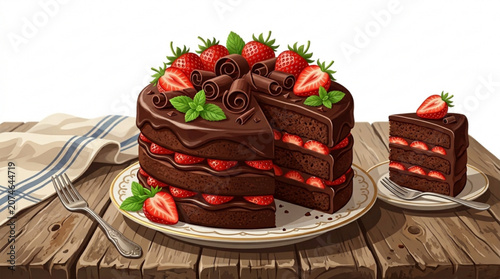 Chocolate cake with strawberries on a wooden table