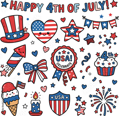 Happy patriotic fourth of july celebration doodle vector collection