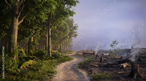 3d render showing stark contrast between a lush green forest and burnt deforested wasteland. Concept for climate change and nature conservation.
