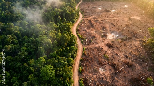 Aerial view of lush green rainforest and barren deforested land split by a dirt road. Concept of climate change and environmental destruction.

