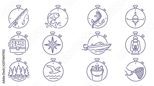Foto Angling sport and fishing activity timing icons.