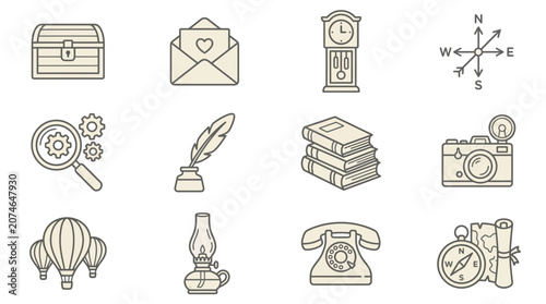 Quadro em tela Antique explorer adventure and historical tool icons.