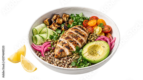 Grilled chicken buddha bowl with quinoa and avocado, healthy mediterranean salad with roasted vegetables, nutritious protein grain bowl isolated PNG with Transparent Background