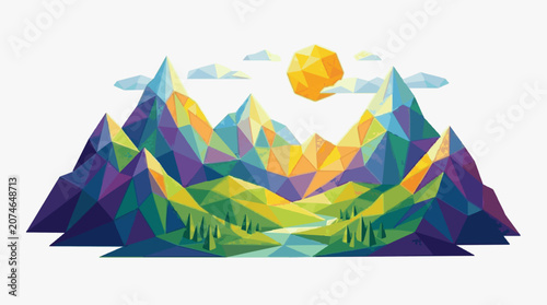 Fotografi Colorful mountain landscape with sunrise and trees.