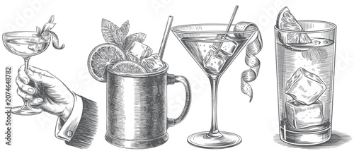 Billede på lærred Engraved cocktail glasses with citrus garnish and ice vintage illustration