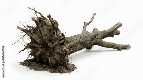 Fallen uprooted dead tree with exposed roots and dirt isolated on white background. Deforestation and environmental damage concept.
