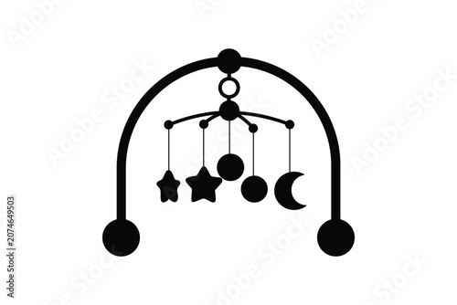Minimalist black silhouette vector icon of a hanging baby crib mobile with stars and moon shapes silhouette decoration childhood minimalist preschool soothing celestial illustration isolated