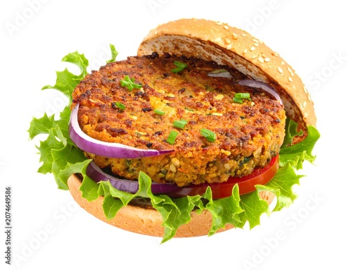 Vegetarian veggie burger with onion and lettuce on bun vegetarian sandwich