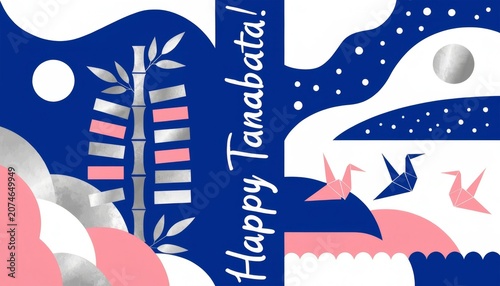 Tanabata festival greeting with bamboo tanzaku and milky way stars in  ethnic style