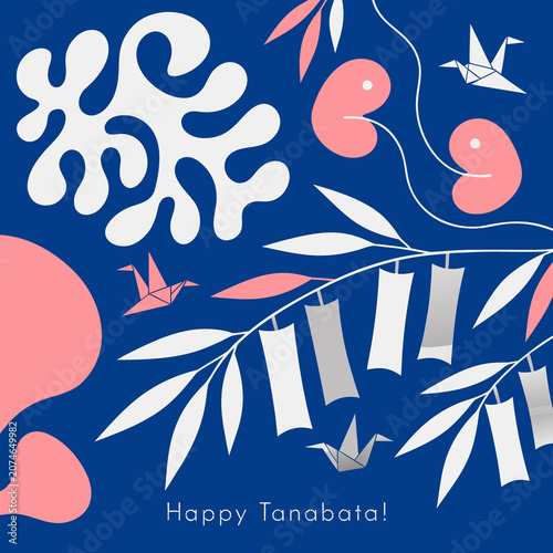 Japanese Tanabata star festival greeting with bamboo tanzaku and stars in  ethnic style