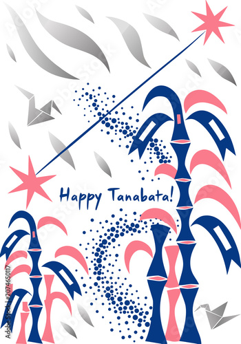 Happy Tanabata greeting with bamboo tanzaku milky way stars in  ethnic cutout style