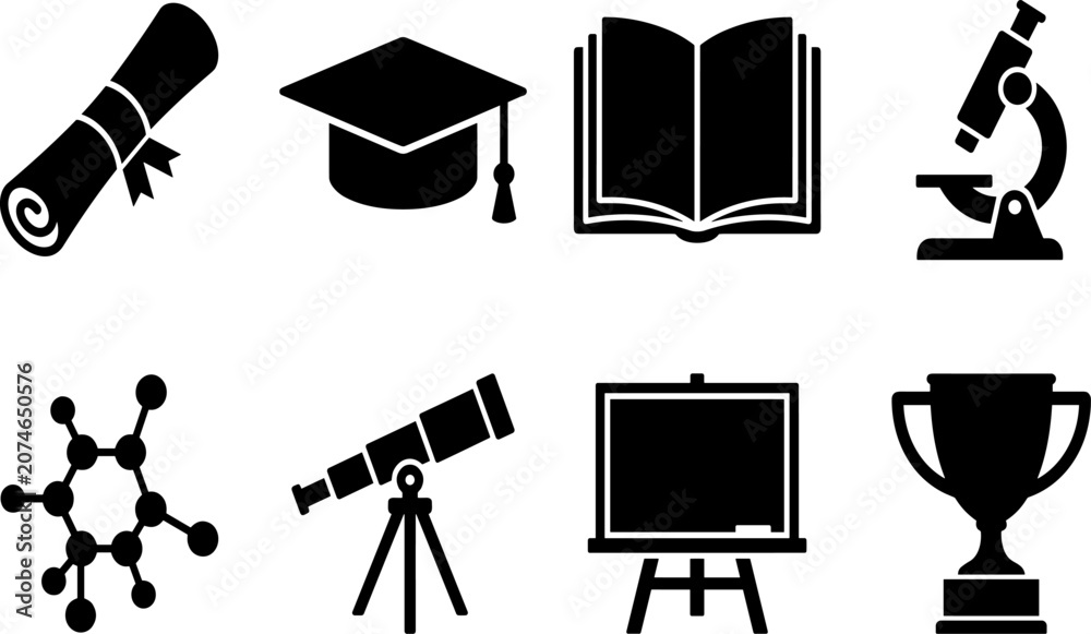 Fototapeta premium Black Silhouette Icons of Education, Science, Research, and Academic Achievement for Learning and Success Design