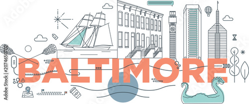 Εκτύπωση καμβά Baltimore culture travel set, famous architecture and specialties in flat design