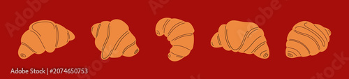 Set of fresh croissants isolated on red background. Hand drawn croissants with outline. Vector illustration of French pastry. 