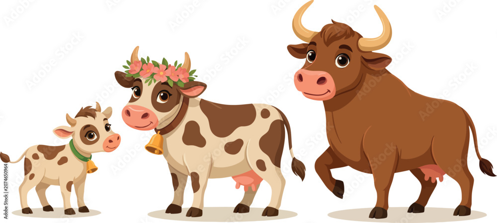 Obraz premium Cute Cartoon Cattle Family Vector Illustration with Cow Bull and Calf Characters for Children Book Design Kindergarten Decor and Livestock Farm Branding