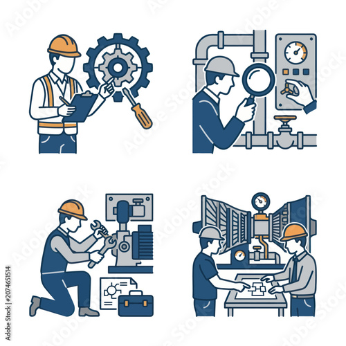 Vászonkép Workers in industrial settings repairing machines.