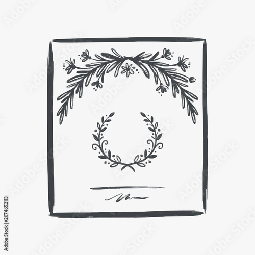 Elegant black and white floral wreath illustration design.