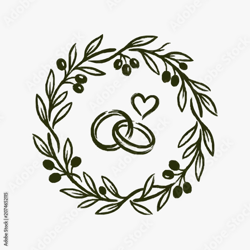 Elegant black and white floral wreath illustration.
