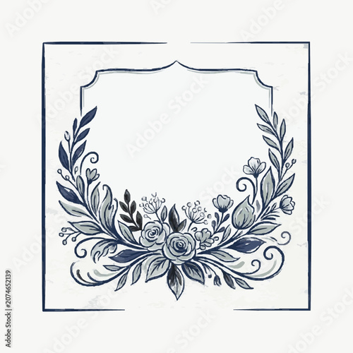 Elegant black and white floral wreath illustration design.
