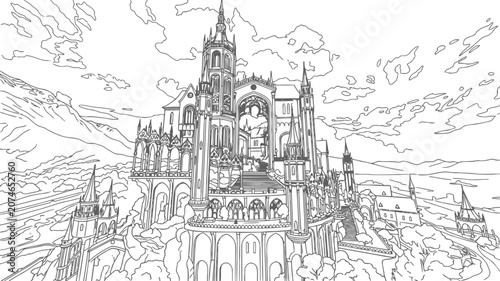 Photos Majestic Fantasy Castle With Mountains And Dramatic Clouds Hand Drawn Architectu