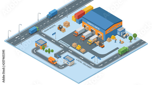 Isometric Warehouse Storage Facility with Trucks and Containers.