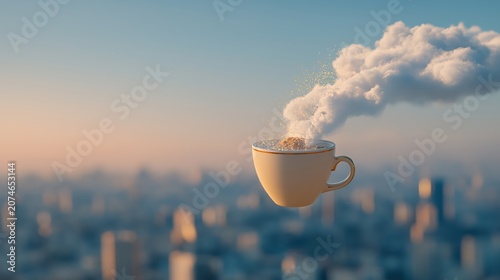 A floating porcelain coffee cup releasing soft white clouds above a pastel city skyline at sunrise, transforming an ordinary morning ritual into a whimsical surreal vision of imagination, comfort.