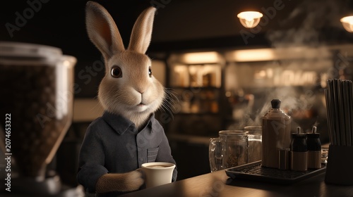 A rabbit working as a cheerful barista behind a cozy café counter, serving freshly brewed coffee amid warm ambient light, rising steam, and a welcoming atmosphere filled.