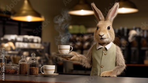 A rabbit working as a cheerful barista behind a cozy café counter, serving freshly brewed coffee amid warm ambient light, rising steam, and a welcoming atmosphere filled.