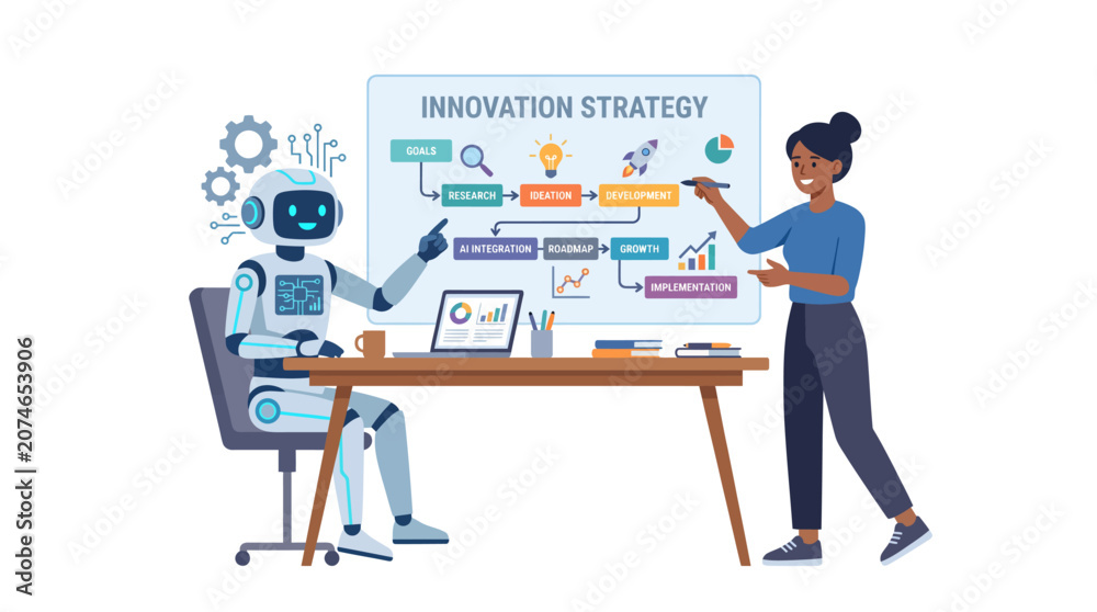 Naklejka premium Robotic and Human Collaboration in Innovation Strategy Meeting.
