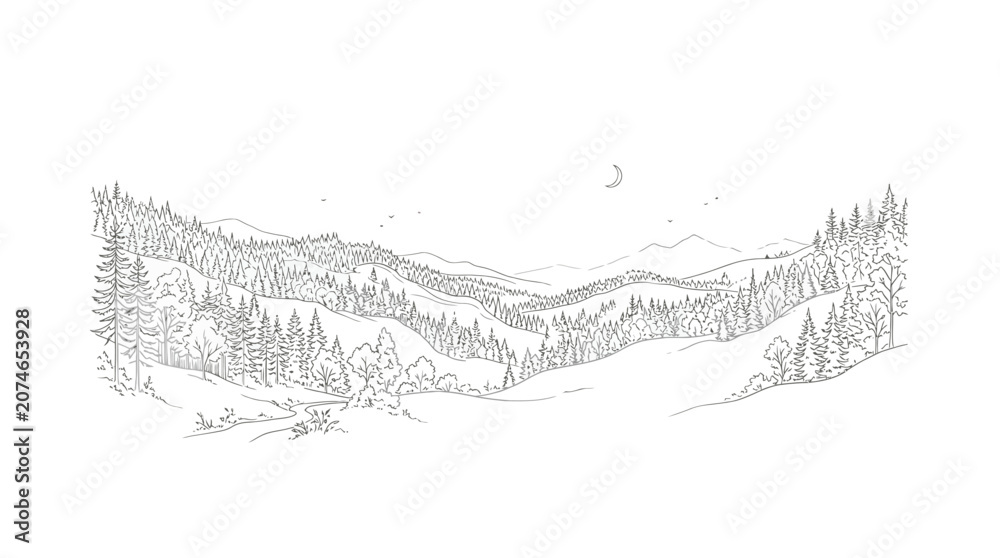 Obraz premium Scenic Mountain Landscape with Forests and Valleys in Pencil Sketch Style.