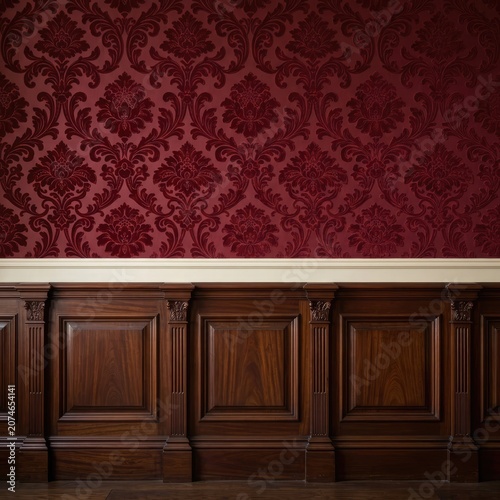 Burgundy damask wallpaper over dark wood wainscoting interior