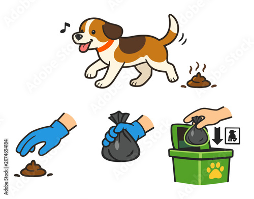 Caring dog owner picking up pet waste with a plastic bag and placing it responsibly in a dedicated trash bin