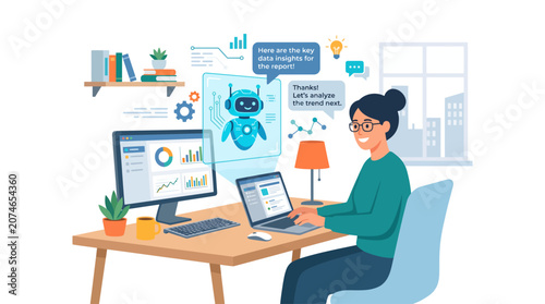 Woman Working with Robot on Digital Tablet in Modern Office.