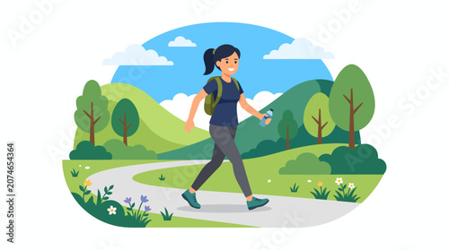Young Woman Walking in Nature Park with Smartphone on Sunny Day.