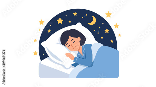 Young Girl Sleeping Peacefully in Bed Under Starry Night Sky.