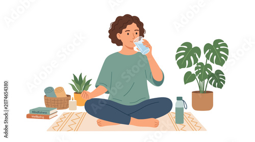 Young Woman Relaxing Drinking Water in Home Environment.