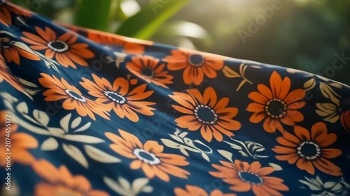 Vibrant orange floral fabric with dark blue background and white